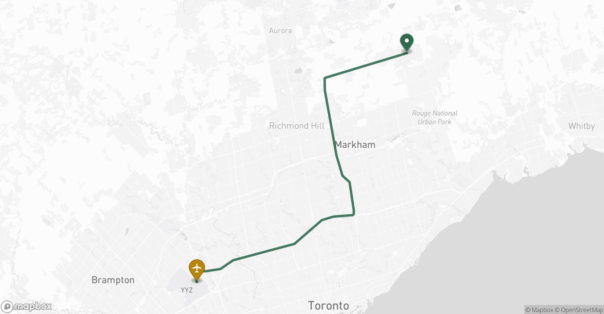 Driving route map from Stouffville to Toronto Pearson (YYZ) airport