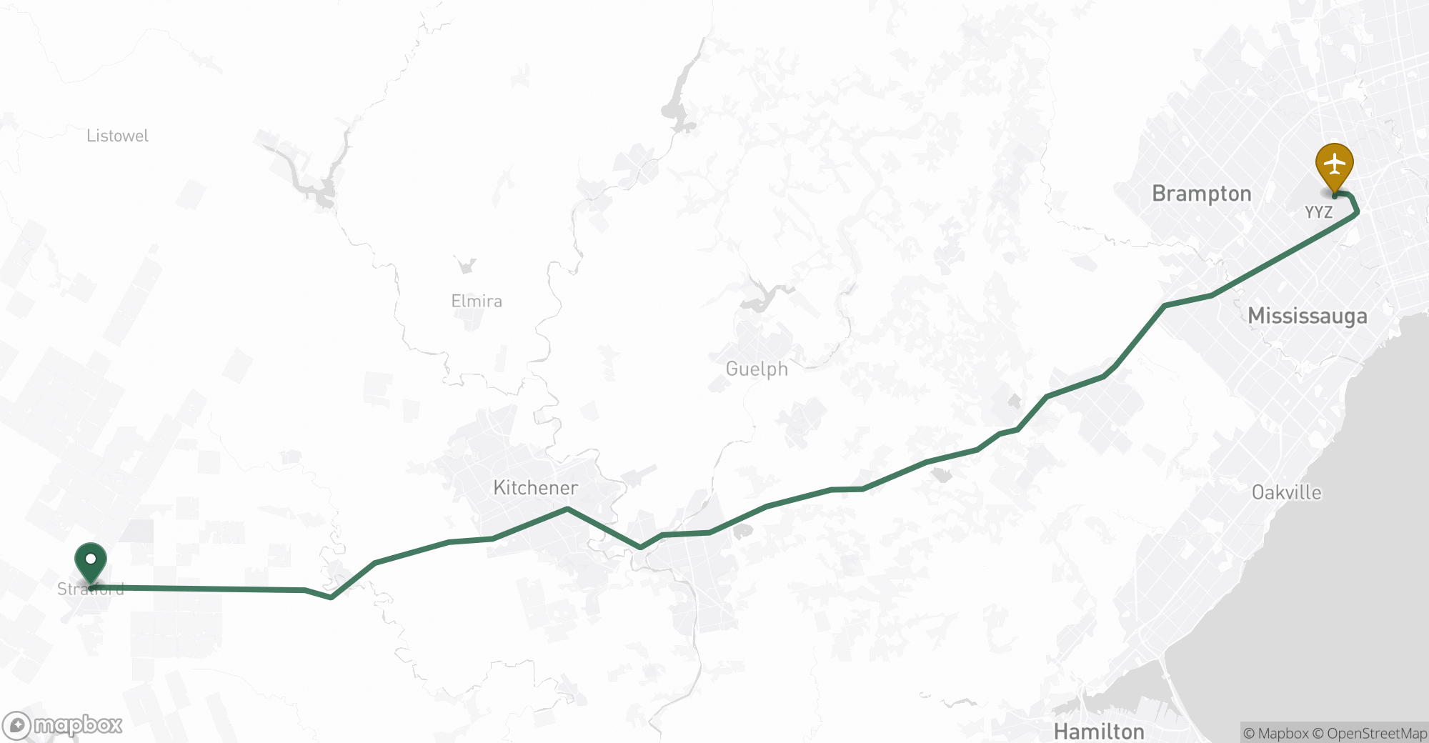 Driving route map from Stratford to Toronto Pearson (YYZ) airport