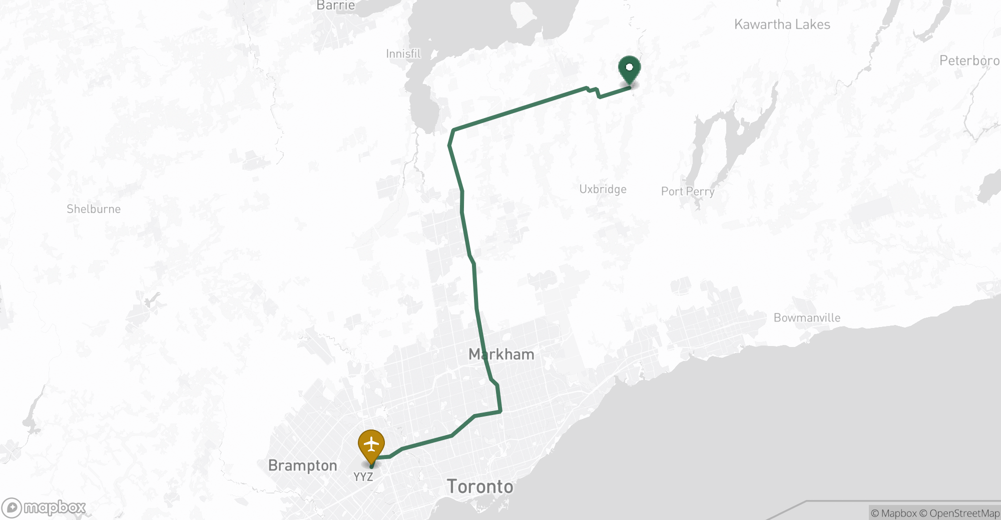 Driving route map from Sunderland to Toronto Pearson (YYZ) airport