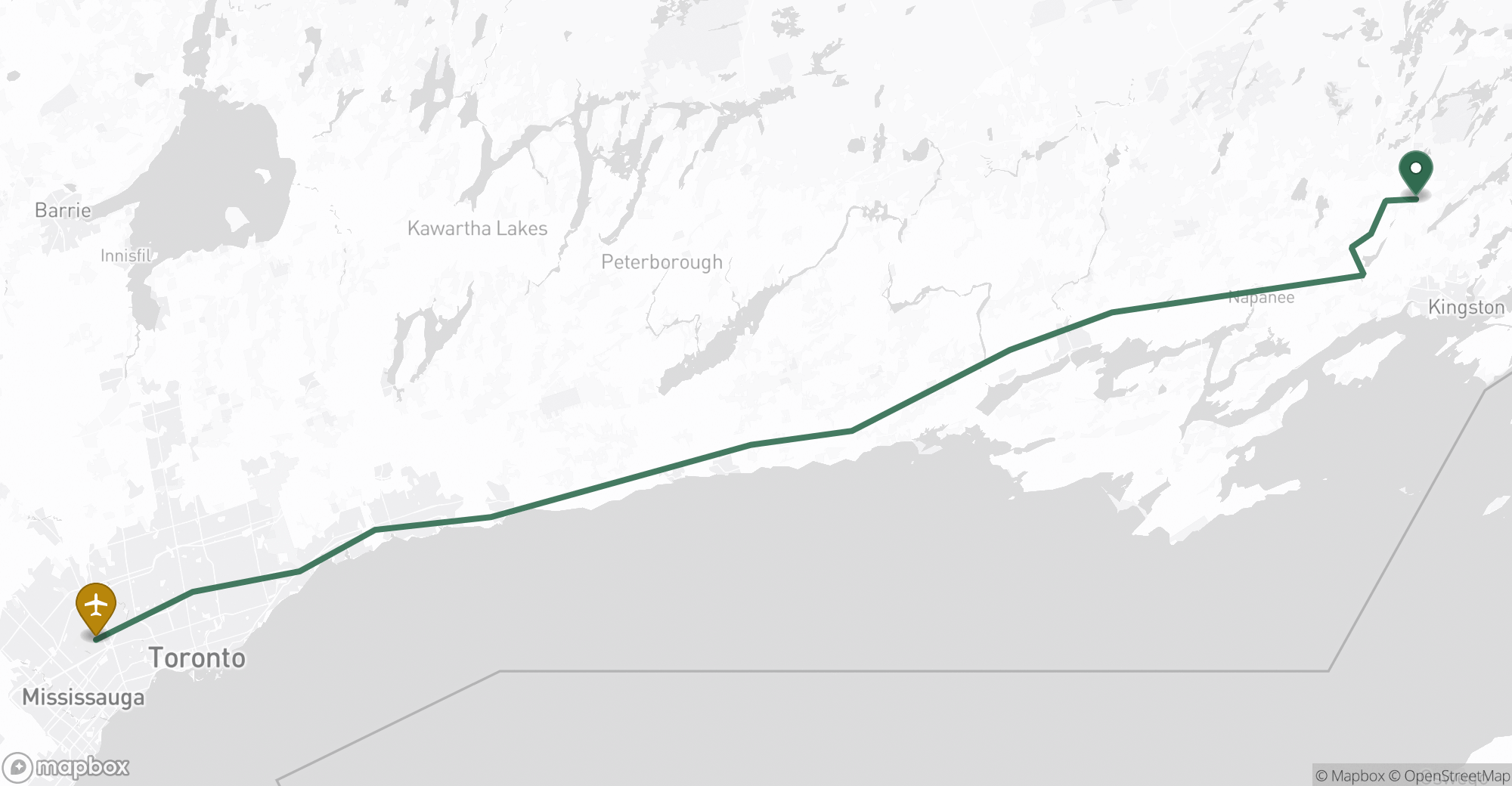 Driving route map from Sydenham to Toronto Pearson (YYZ) airport