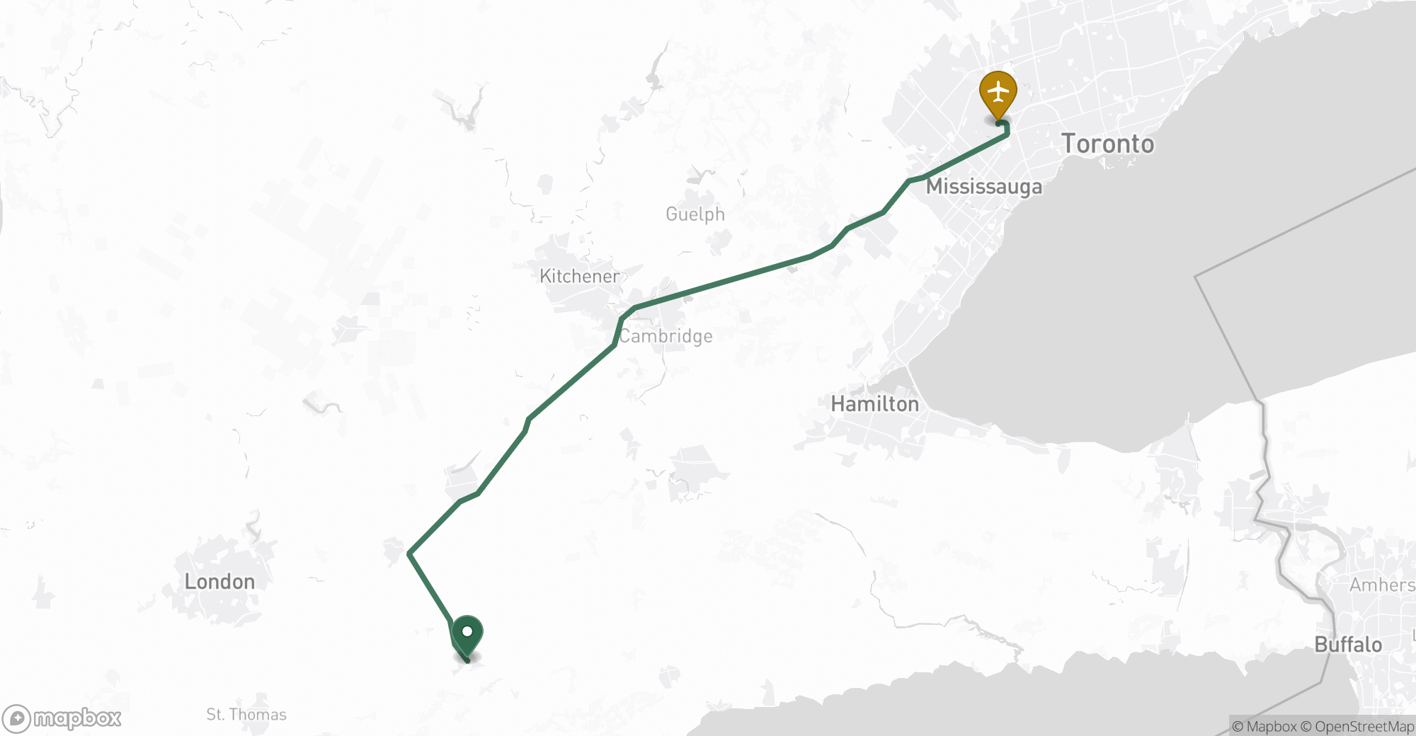 Driving route map from Tillsonburg to Toronto Pearson (YYZ) airport