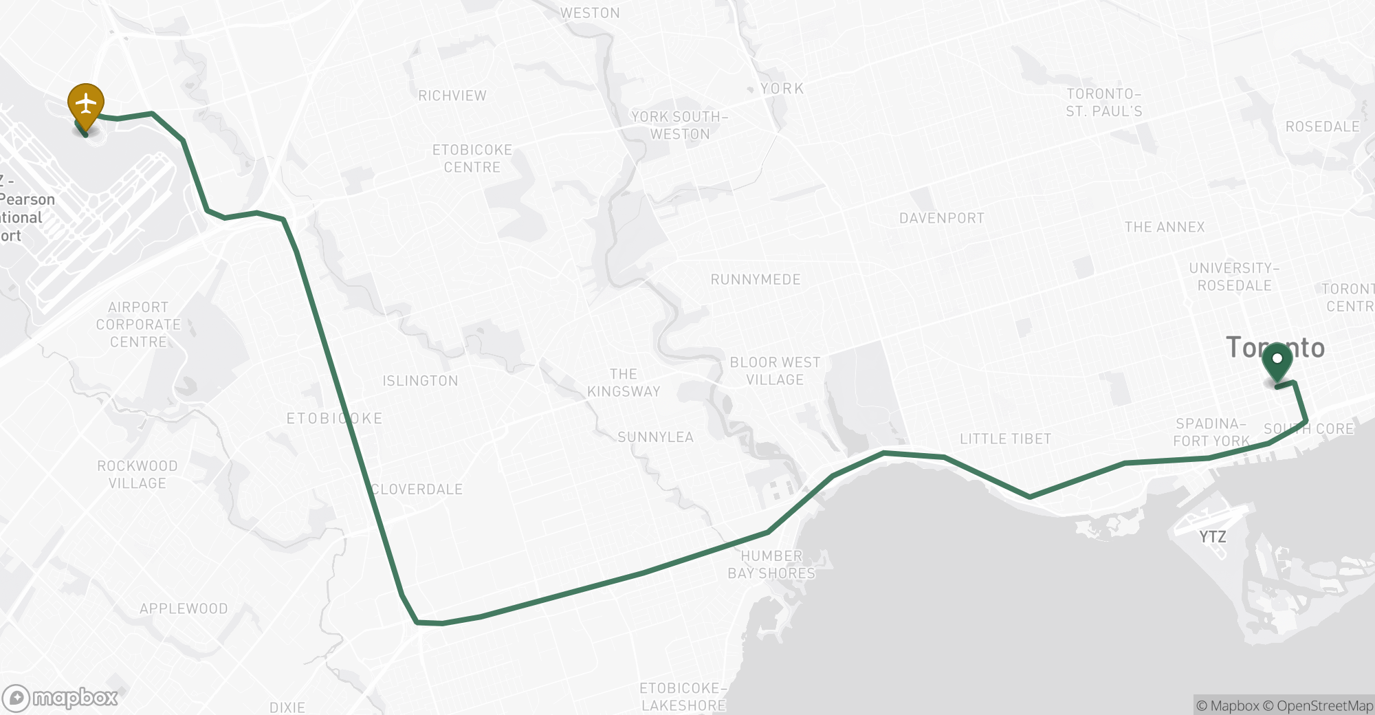Driving route map from Toronto to Toronto Pearson (YYZ) airport