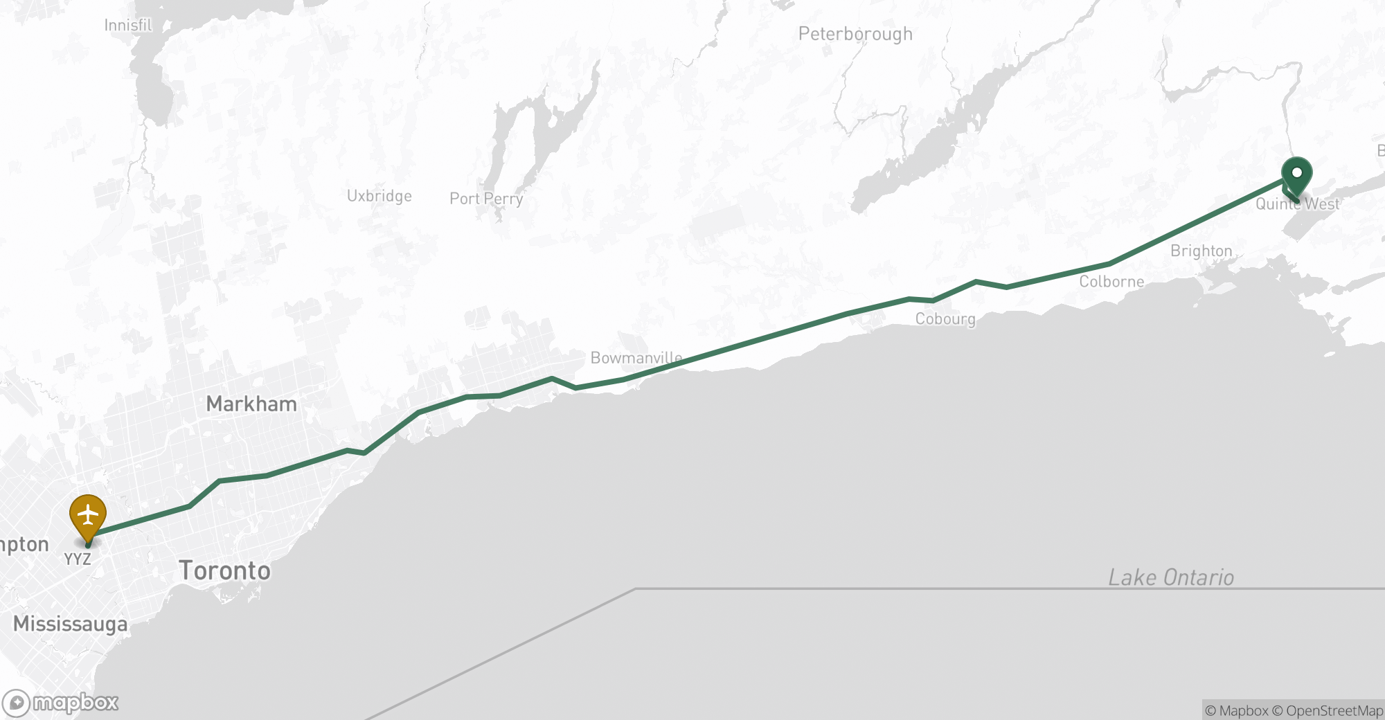 Driving route map from Trenton to Toronto Pearson (YYZ) airport