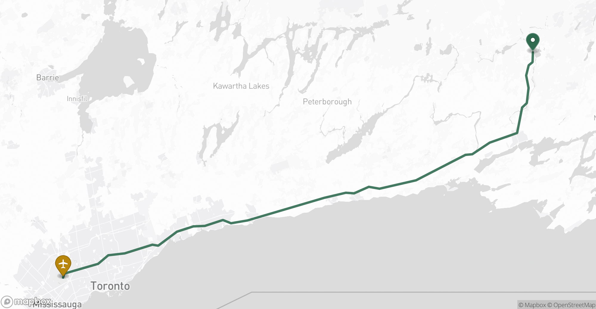 Driving route map from Tweed to Toronto Pearson (YYZ) airport