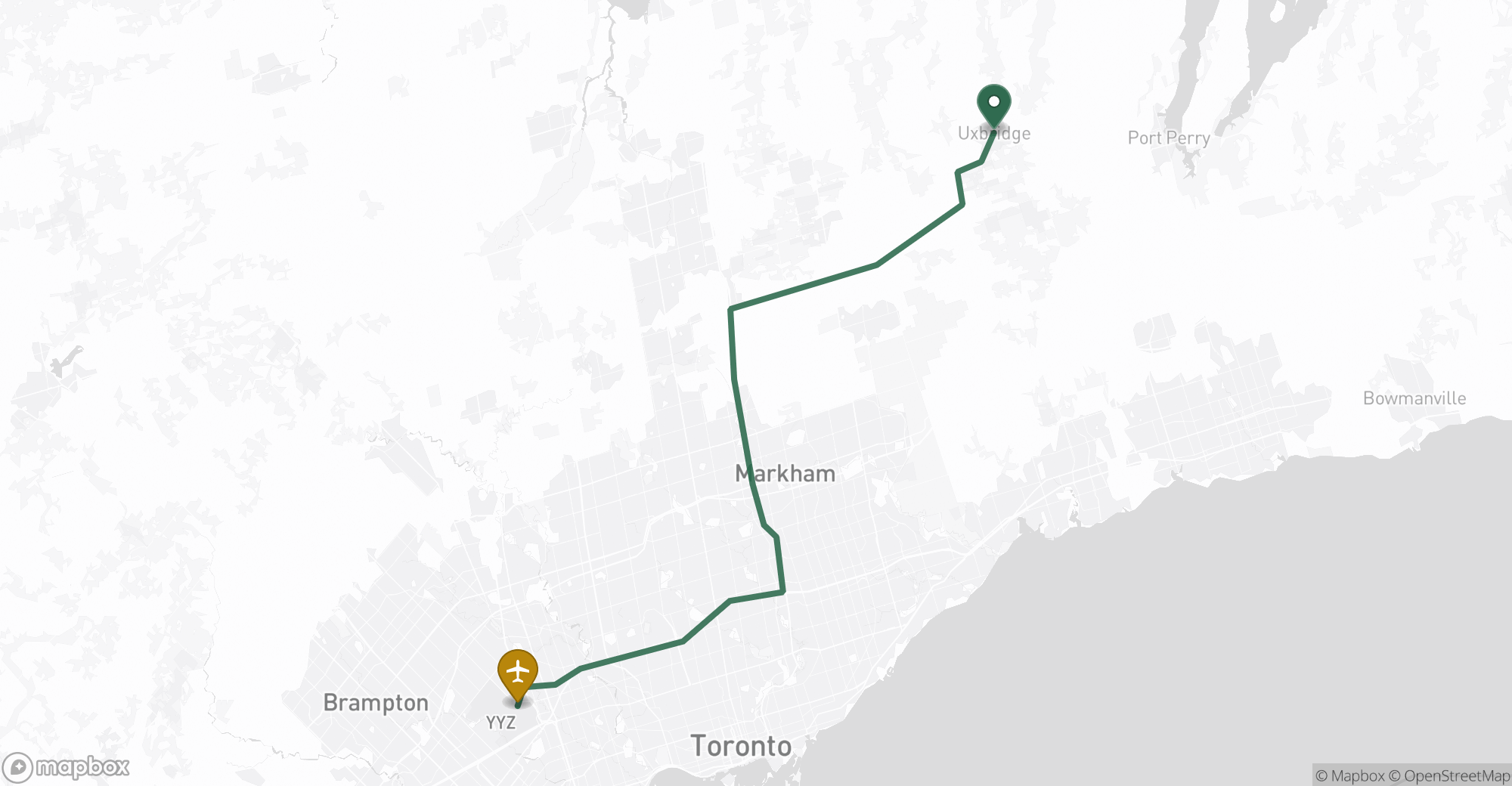 Driving route map from Uxbridge to Toronto Pearson (YYZ) airport
