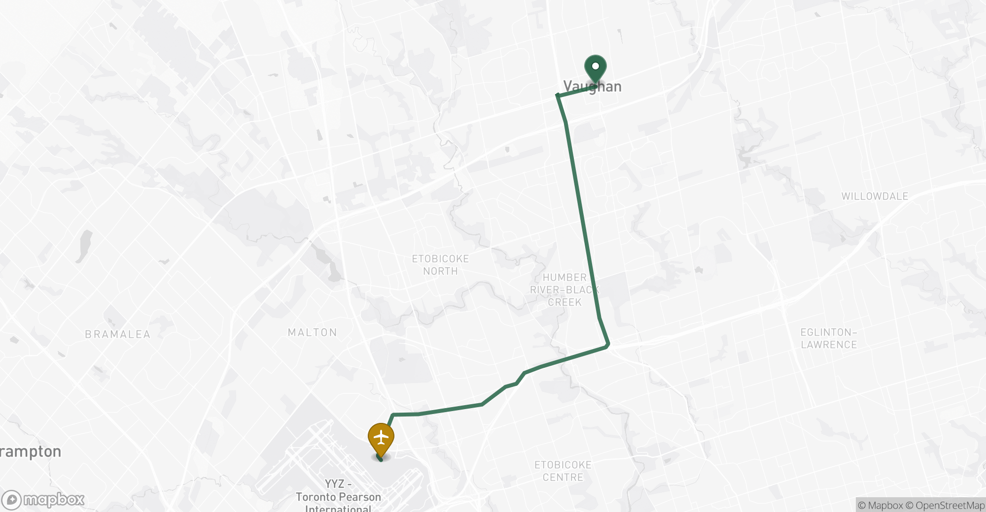 Driving route map from Vaughan to Toronto Pearson (YYZ) airport