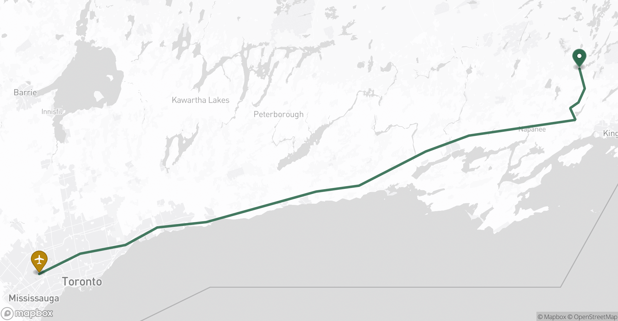 Driving route map from Verona to Toronto Pearson (YYZ) airport