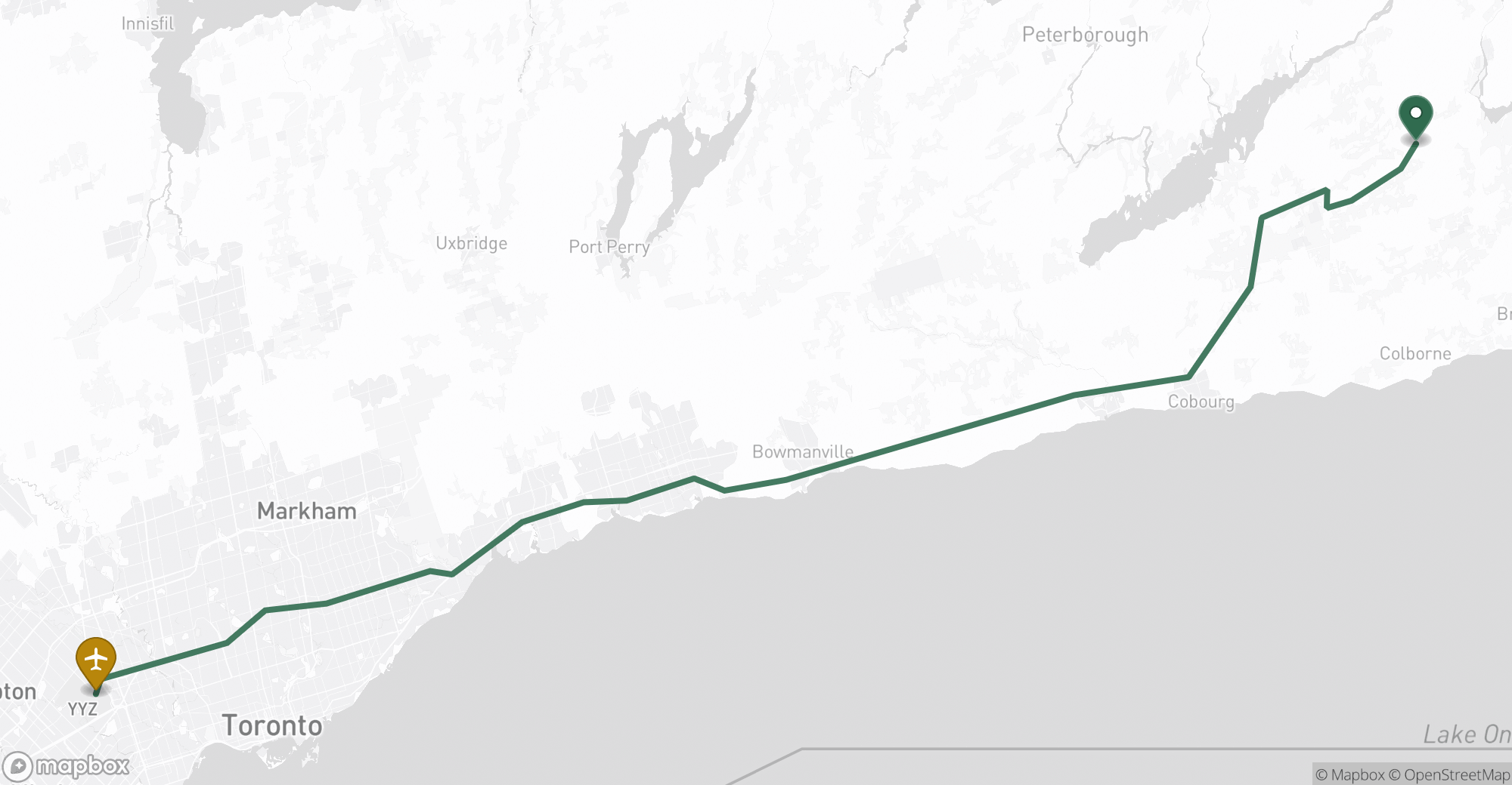 Driving route map from Warkworth to Toronto Pearson (YYZ) airport