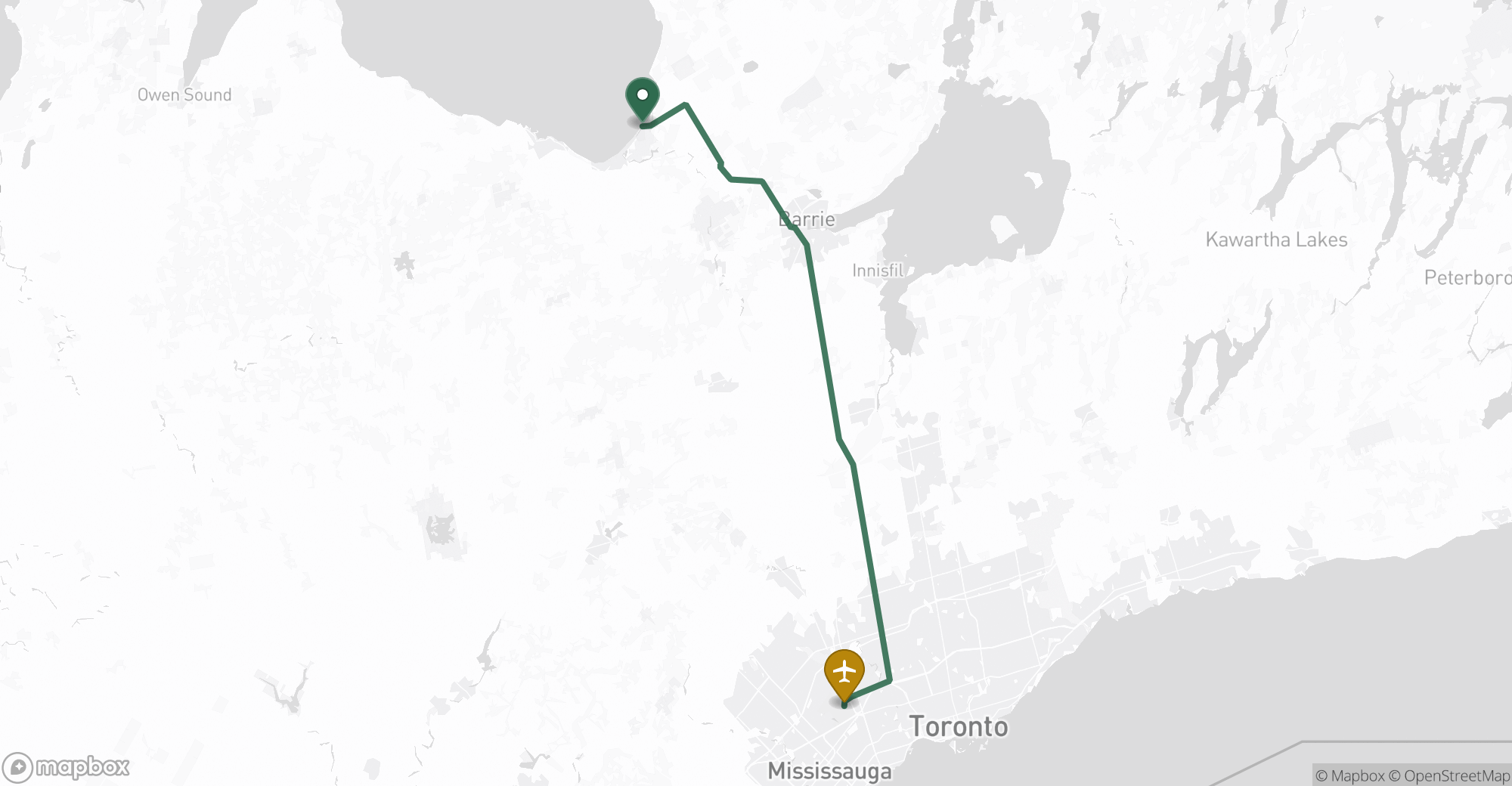 Driving route map from Wasaga Beach to Toronto Pearson (YYZ) airport