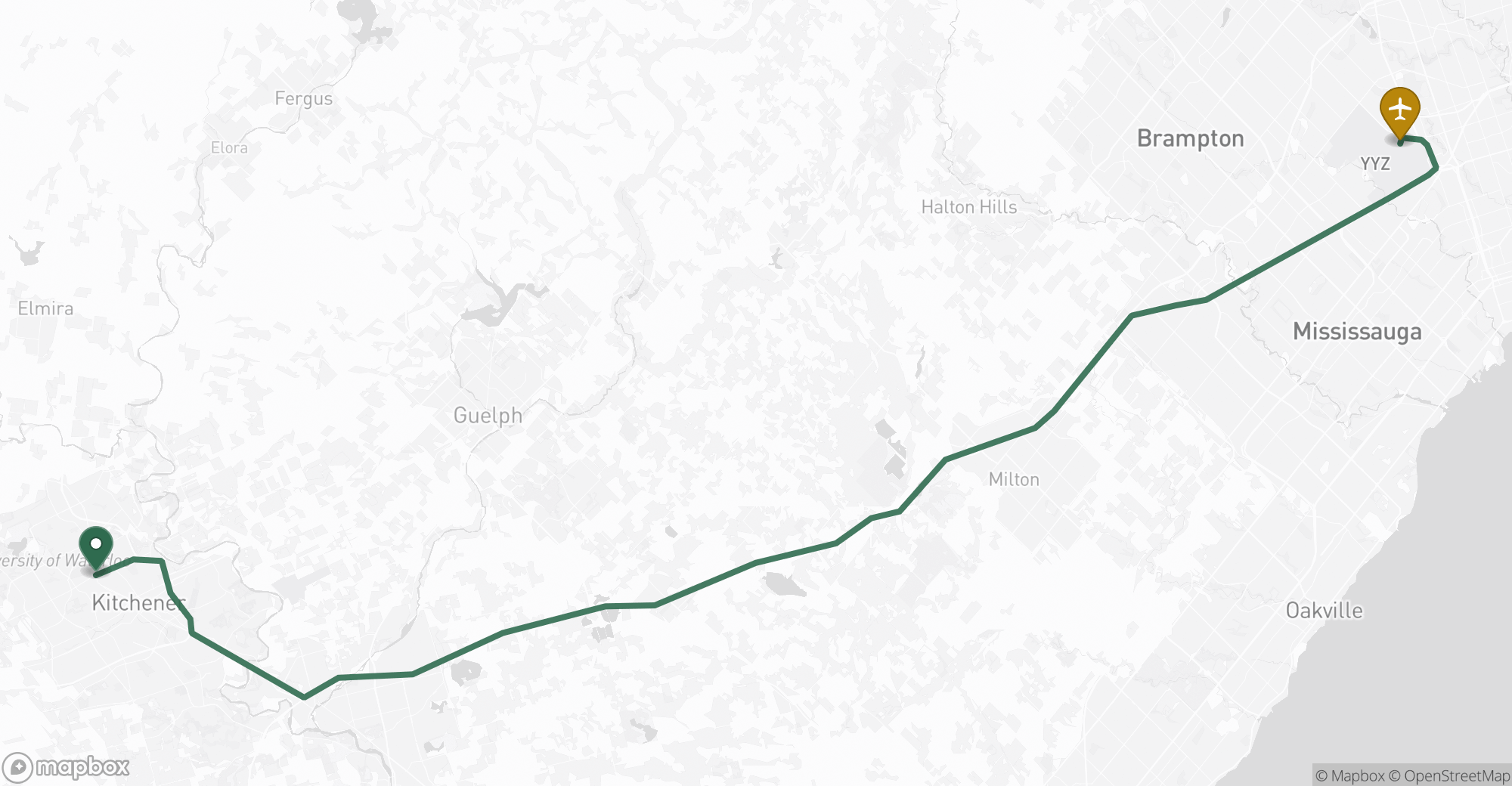 Driving route map from Waterloo to Toronto Pearson (YYZ) airport