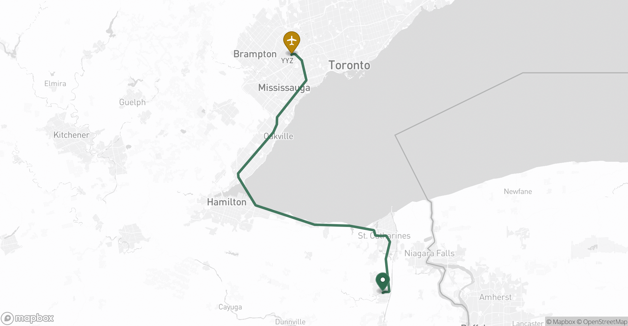 Driving route map from Welland to Toronto Pearson (YYZ) airport