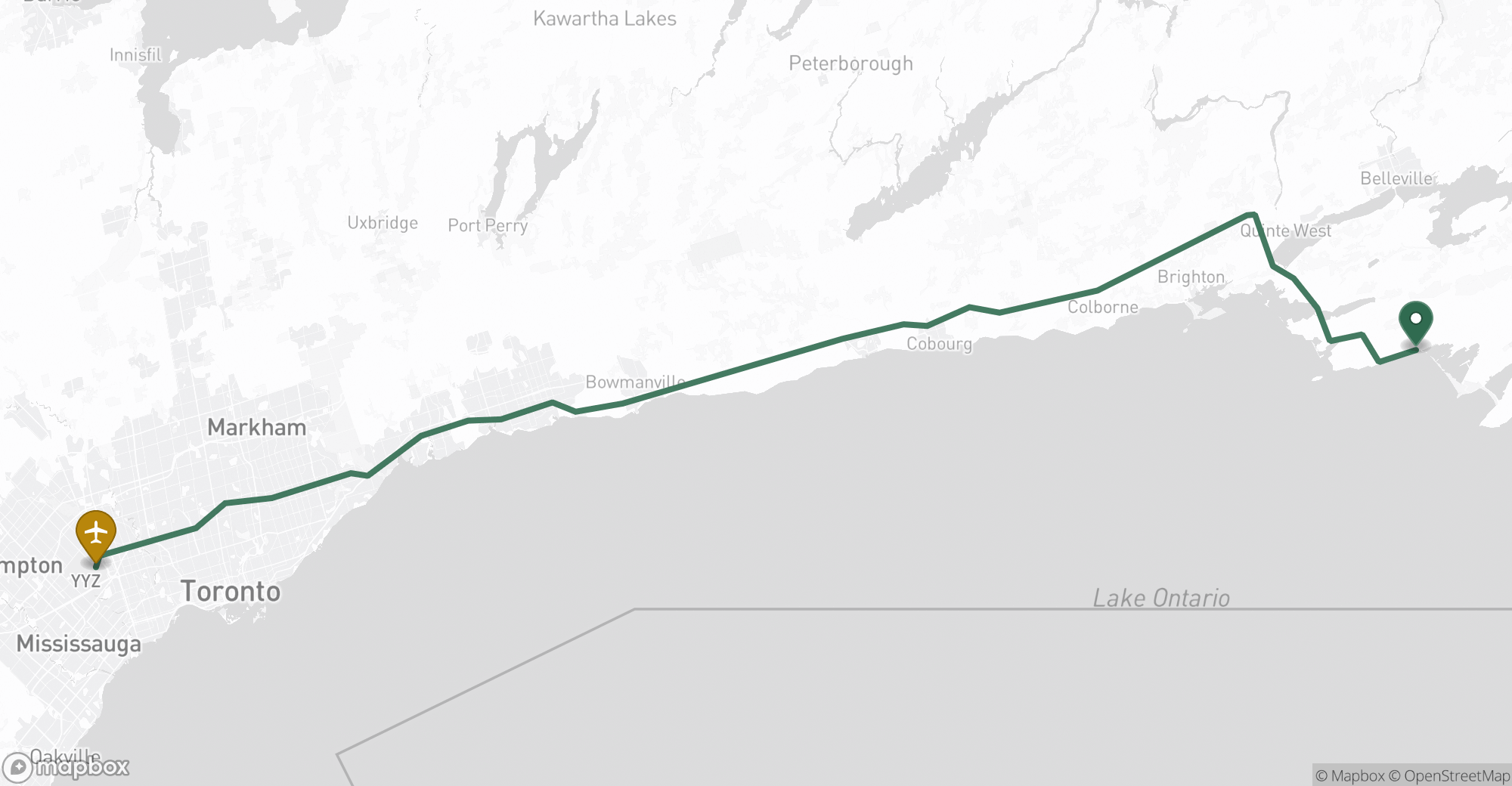 Driving route map from Wellington to Toronto Pearson (YYZ) airport