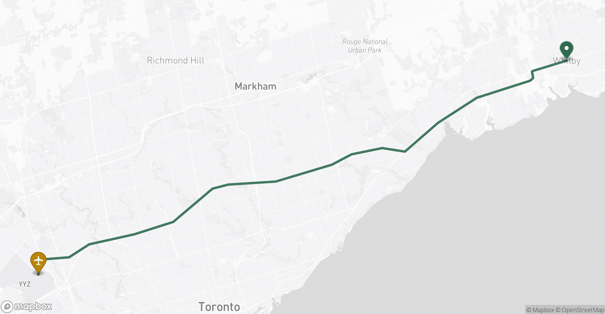 Driving route map from Whitby to Toronto Pearson (YYZ) airport
