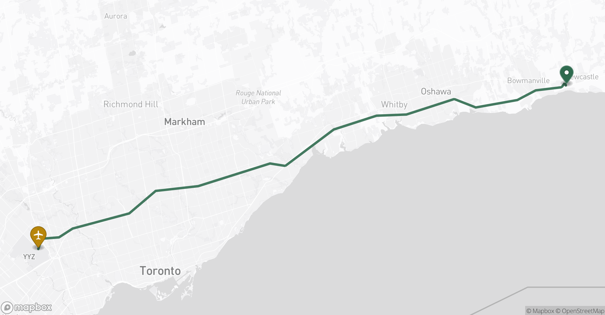 Driving route map from Wilmot Creek to Toronto Pearson (YYZ) airport