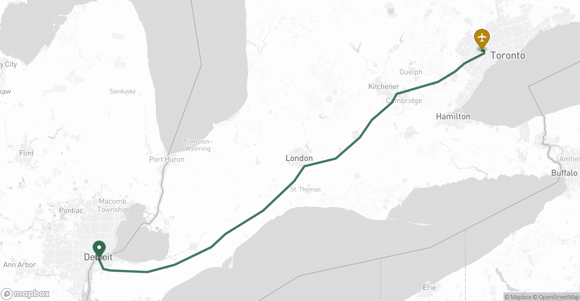 Driving route map from Windsor to Toronto Pearson (YYZ) airport