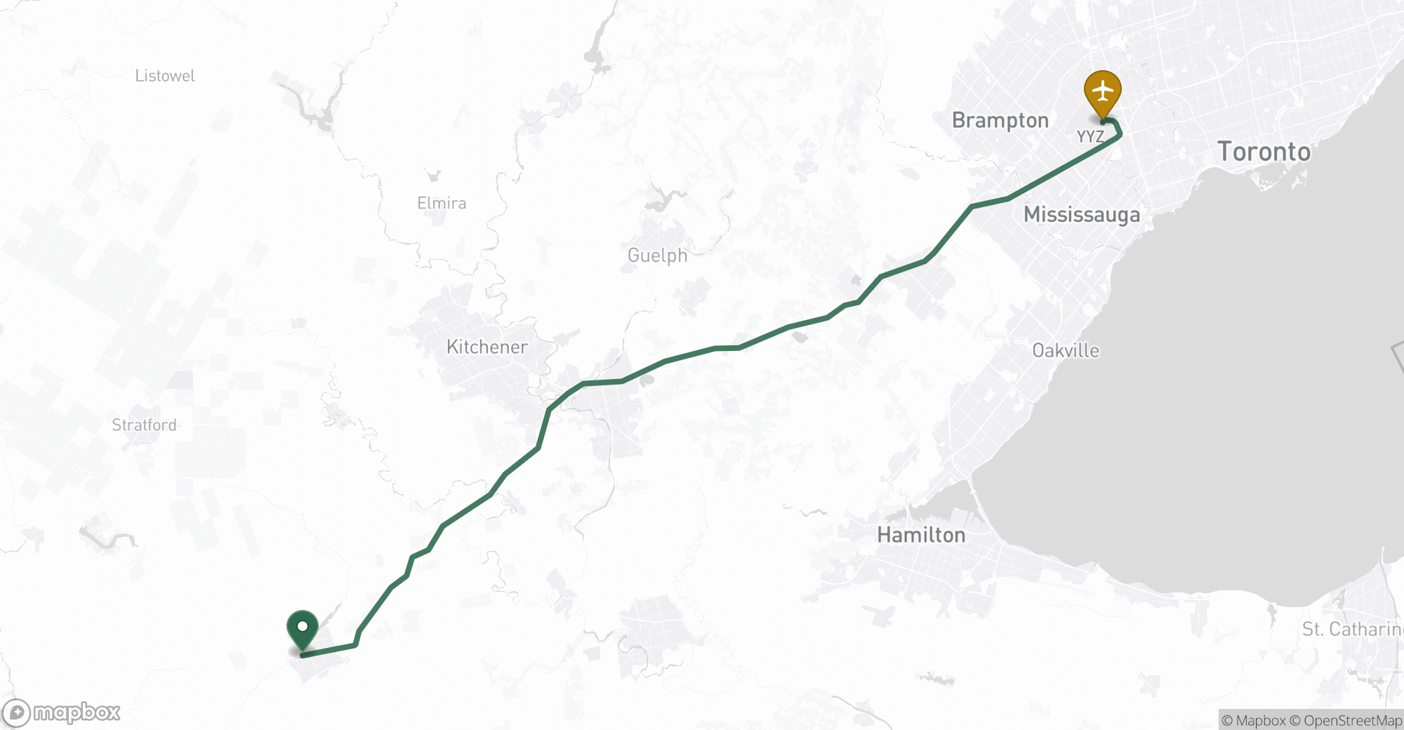 Driving route map from Woodstock to Toronto Pearson (YYZ) airport