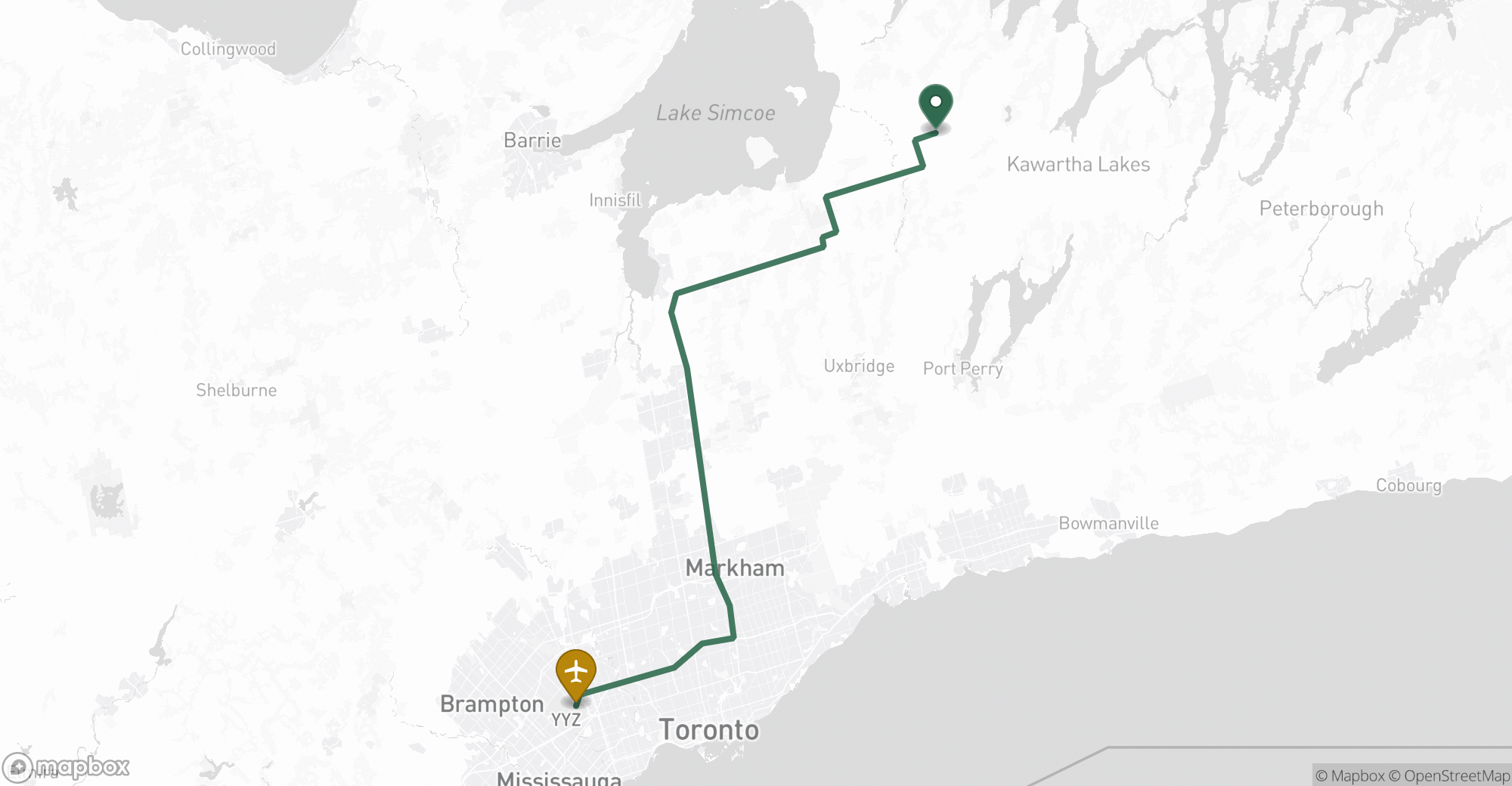 Driving route map from Woodville to Toronto Pearson (YYZ) airport